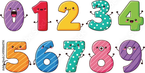 Set of cute cartoon numbers from zero to nine with funny faces and patterns for kids education and school design,