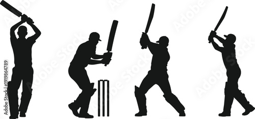 Cricket Batsman Silhouettes Batting Action Set with Wicket Isolated on White Background Dynamic Player Swing Collection for Sports Illustration and Design