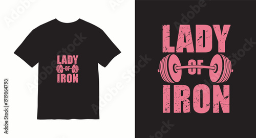 Lady of iron fitness workout graphic t-shirt design with barbell