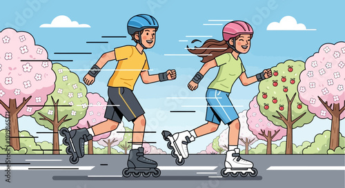 Happy Boy and Girl Playing Roller Skates Together in Sunny Outdoor Park Illustration