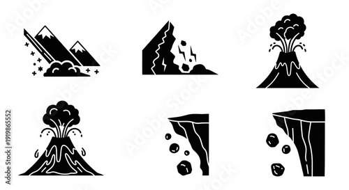 Volcano Eruption Icons Set in Black.