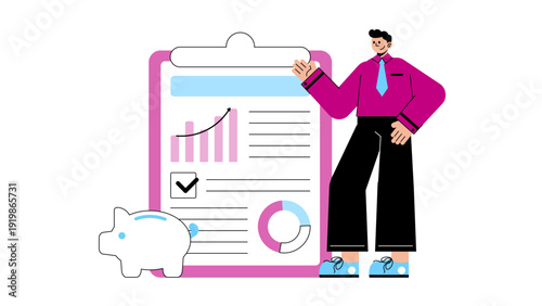 Businessman analyzing financial report with charts and a piggy bank for savings