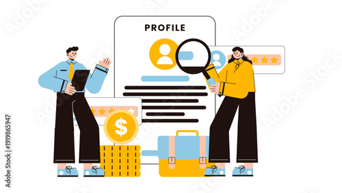 Business people reviewing a professional profile and financial ratings with a magnifying glass