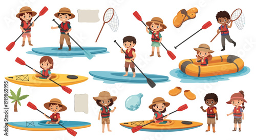 Collection of happy children enjoying water sports like kayaking paddle boarding and rafting outdoors