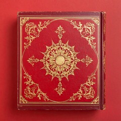 A red leather book with gold ornate designs on its cover