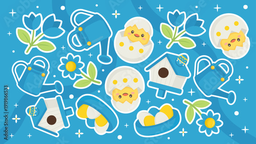 Blue background with gardening tools tulips birdhouses and easter eggs