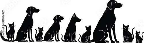 Dog and cat silhouette vector illustration featuring pet animal lineup domestic puppy kitten sitting isolated design for veterinary shelter branding