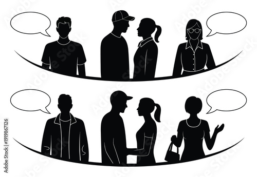 Silhouettes of people in conversation with speech bubbles