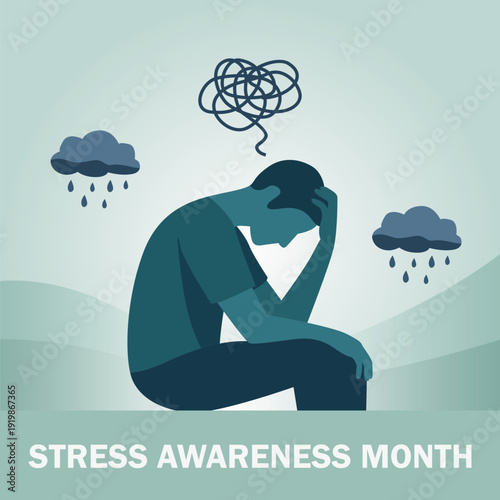 Flat illustration for Stress Awareness Month featuring a sad man sitting with his head down under rainy clouds. 