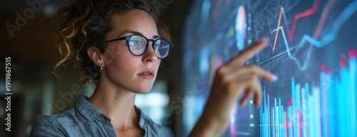 Young woman analyzing data on screen with touching gestures in office  