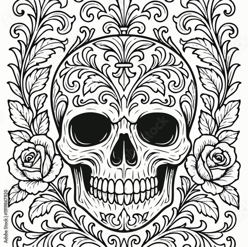 Intricate black and white line art features a decorative sugar skull adorned with elaborate baroque floral scrollwork and roses for coloring.