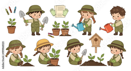 Cute children gardening with tools plants in pots and a wooden birdhouse illustration