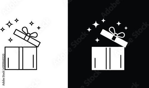 Open gift box icon with sparkles in outline and inverted style, surprise present symbol, festive celebration element, minimalist vector illustration isolated on contrasting backgrounds