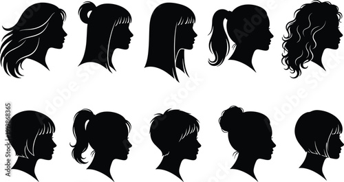 Women hairstyle silhouette vector icon set featuring female profile haircut ponytail bun curly short long hair beauty fashion collection