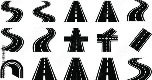 Road highway vector icon set featuring curved straight intersection asphalt street transportation route symbols isolated infrastructure navigation collection