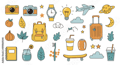 Collection of handdrawn travel and leisure related objects and elements.