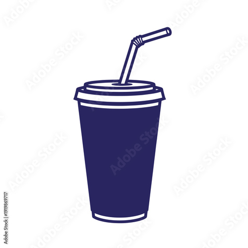 A dark blue disposable cup with a straw for cold drinks on white background