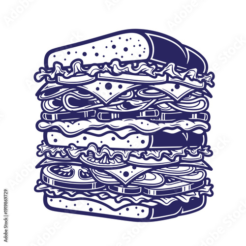 A blue and white illustration of a large stacked burger with multiple layers of bread cheese lettuce tomato and condiments