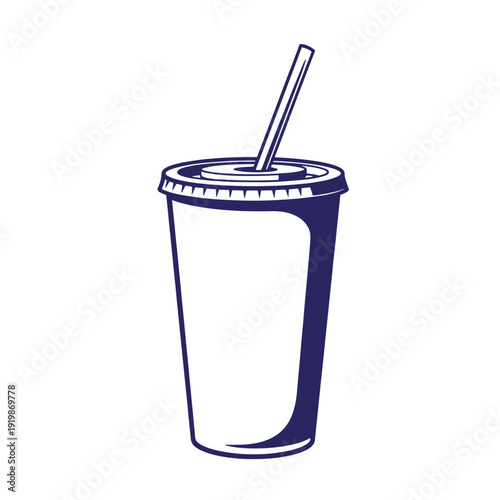 A dark blue illustration of a disposable cup with a straw and lid on a white background for drinks or beverages