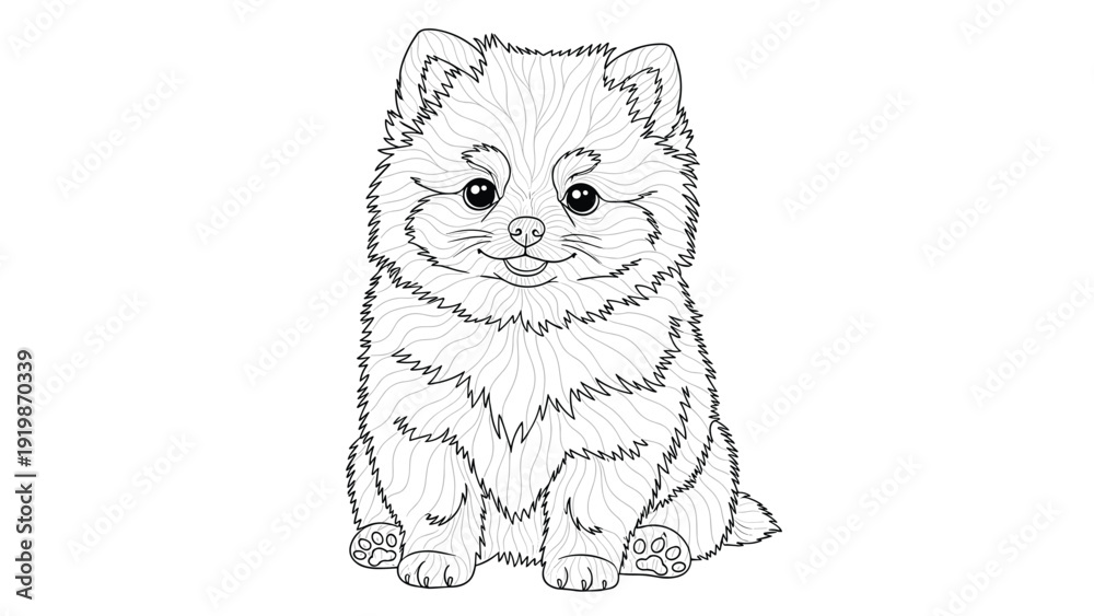 Obraz premium Adorable fluffy puppy sitting and looking forward, rendered in fine black and white line art suitable for pet-themed coloring book pages.