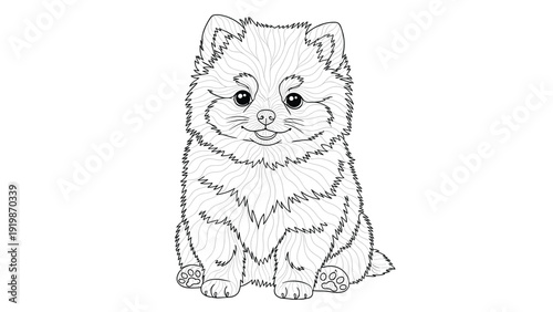Adorable fluffy puppy sitting and looking forward, rendered in fine black and white line art suitable for pet-themed coloring book pages.
