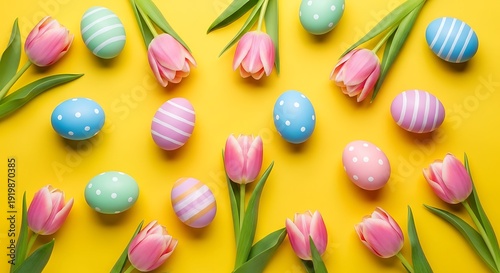 Colorful Easter eggs and pink tulips on yellow background