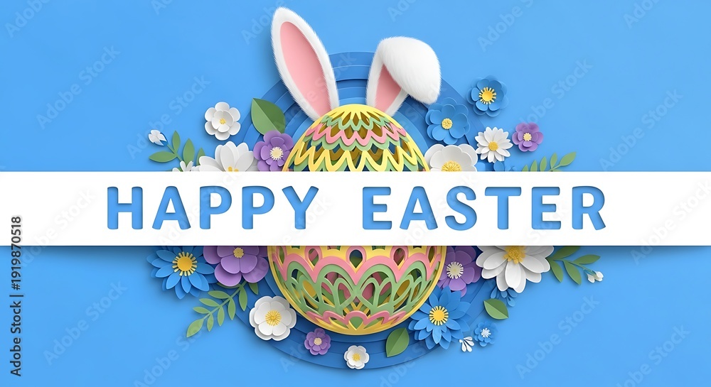 Fototapeta premium Easter bunny egg with colorful flowers and leaves on blue background with happy easter text