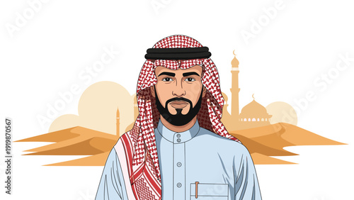 Dignified portrait of an arab man in traditional clothing with a mosque and desert landscape in the background, representing islamic culture.