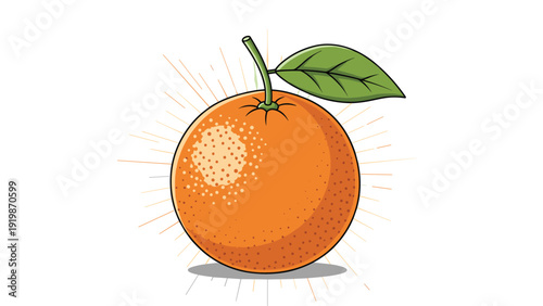 Bright and juicy whole orange fruit with a green leaf and radiating sunburst lines, illustrated in a vibrant style for juice or health brands.