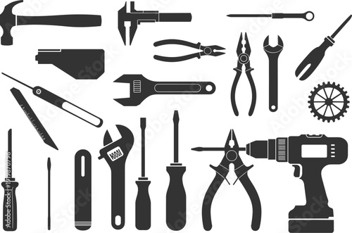 Construction tools silhouette set, hammer wrench pliers screwdriver drill gear vector illustration isolated on white background