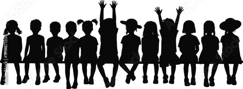 Children silhouettes sitting together on bench, joyful kids raising hands, friendship unity, childhood happiness, group bonding illustration, outdoor, park, concept