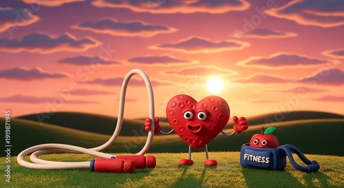 A cartoon heart character exercising with a jump rope and fitness equipment in a serene landscape at sunrise