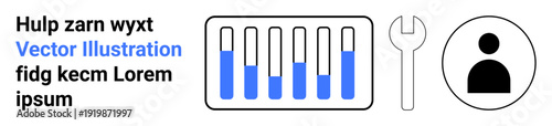 Test tubes with blue liquid, wrench icon, and user profile element. Ideal for science, technology, user settings, system maintenance, research, chemistry simple landing page