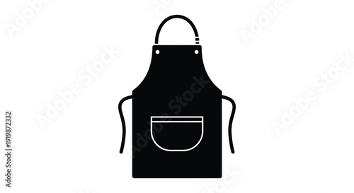 A simple black and white illustration depicts a classic kitchen apron with adjustable straps and a pocket