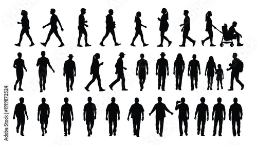 A diverse collection of silhouetted figures in various poses and activities isolated on white background, Vector