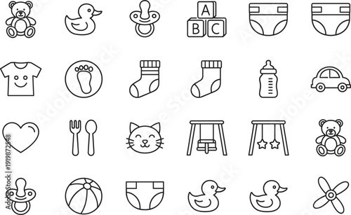 Baby essentials line icons set featuring pacifier diaper bottle toys clothing nursery accessories