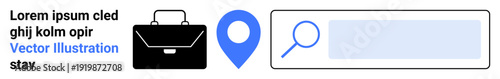 Business planning, navigation tools, location search, digital tools, professional services, online inquiry. Black briefcase, blue location pin and search bar illustration. Business planning