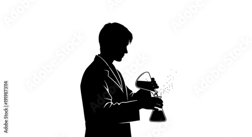 A black vector illustration shows the profile shadow of a woman sitting at a desk with a laptop while drinking a cocktail in an office