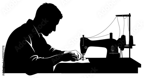 A black vector illustration of a woman working at a sewing machine with a needle and thread to create art