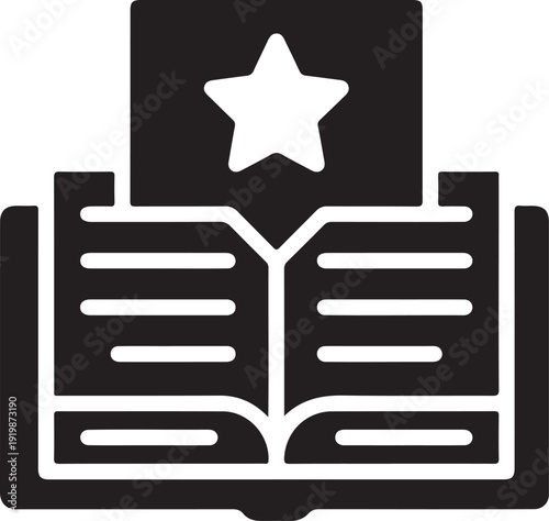 Black and white of an open book with a star