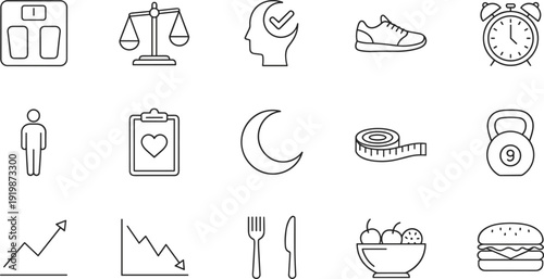 Healthy lifestyle and fitness line icons set featuring scale stopwatch sneaker diet progress wellness