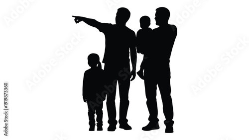 Silhouette of a family with one parent pointing towards the horizon. isolated on white background, Vector