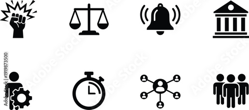 Justice and organization silhouette icon set law management vector collection isolated on white background