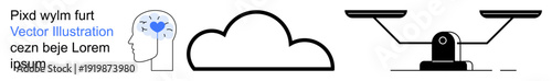 Technology, justice, mindfulness, mental health, innovation, digital security. A brain connected with love icons, a cloud symbol and balanced scales. Cloud computing and justice balance