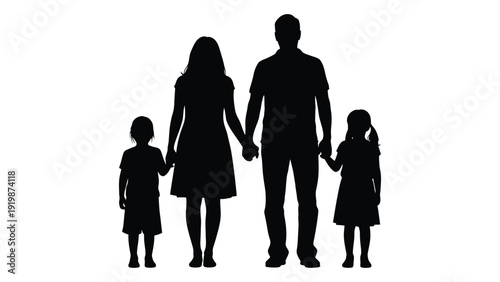 Silhouette of a family of four holding hands together in a heartwarming display isolated on white background, Vector