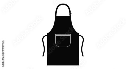 A minimalist black apron is displayed against a stark white background featuring straps and a single pocket