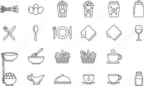 Restaurant and dining line icons set featuring popcorn eggs coffee wine basket tableware kitchen