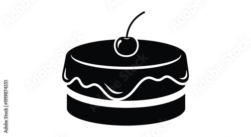 A simple black and white illustration depicts a round cake with a single cherry on top high quality professional detailed