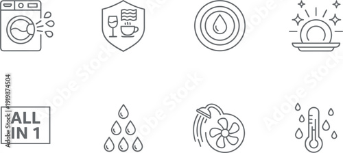 Water purification and laundry service line icons set featuring washing machine droplets filter temperature eco