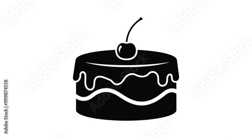 A simple black and white illustration depicts a single layer cake topped with a bright red cherry